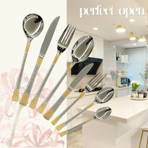 Stainless Steel Dinner Spoons Supplier Flowers Spoon Mate Spoon 3 In 1 Gold 24Pcs Stainless Steel Cutlery Set Knife Fork - Image 5