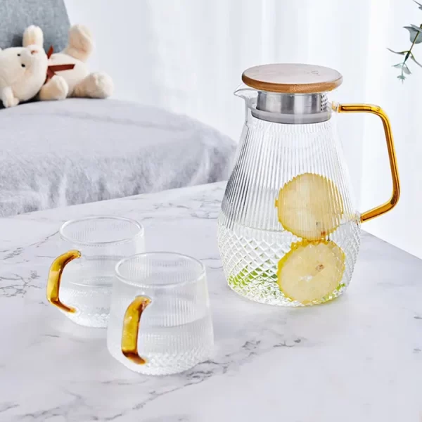 Heat-resisting Clear Ribbed Borosilicate Glass Pitcher Water Jug Set with Lid - Image 5