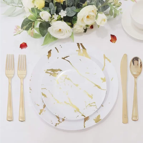 Premium Disposable Gold Plastic Party Plate Heavy Weight Dinner Plastic Plate and Cutlery Set for wedding - Image 2