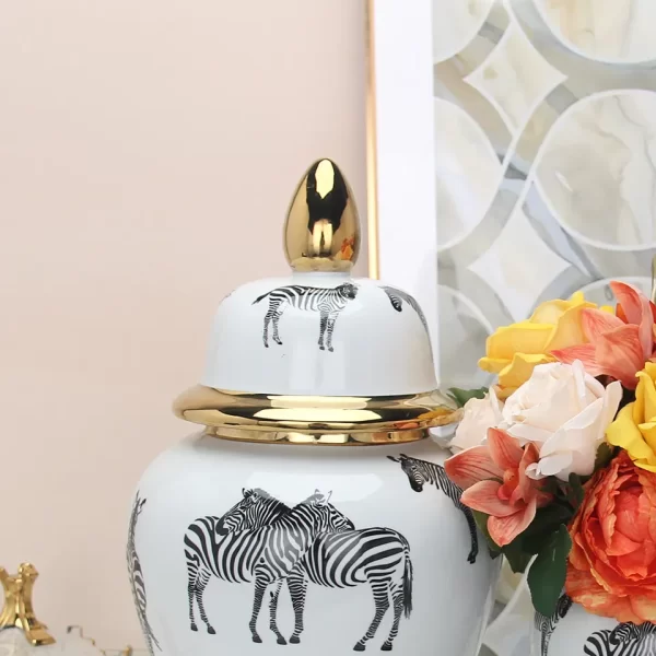 J017 Elegant ceramic zebra ginger jar sets porcelain white and gold jar with lid home decor - Image 4