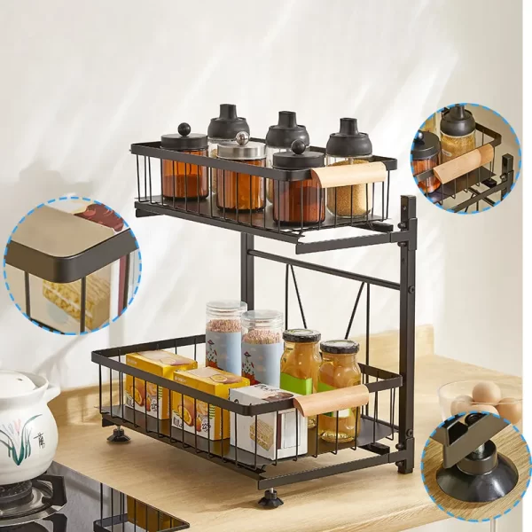 Kitchen Under Sink Organizer Rack with Sliding Storage Drawer Wooden Handle - Image 4
