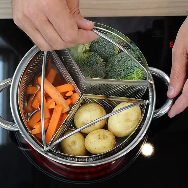Set of 3 Stainless Steel Steamer Basket Saucepan Divider Baskets Storage Saving Kitchen Cookware - Image 4