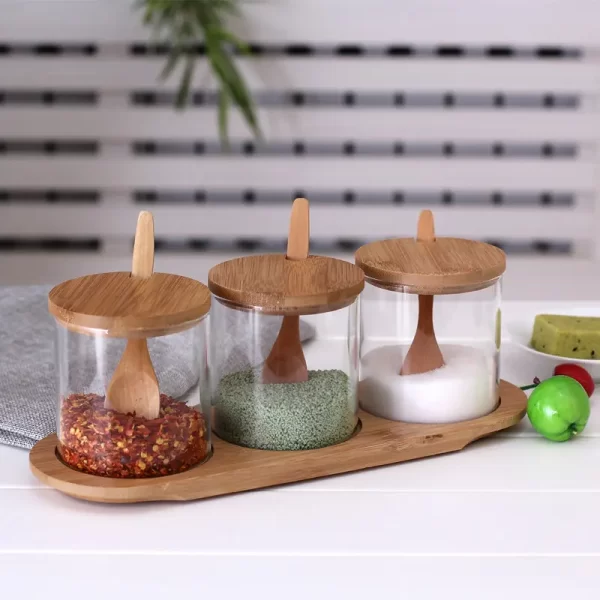 Kitchenware 300ML Glass Spice Jar Set With Bamboo Lid Spoon Spices Glass Container Set - Image 2