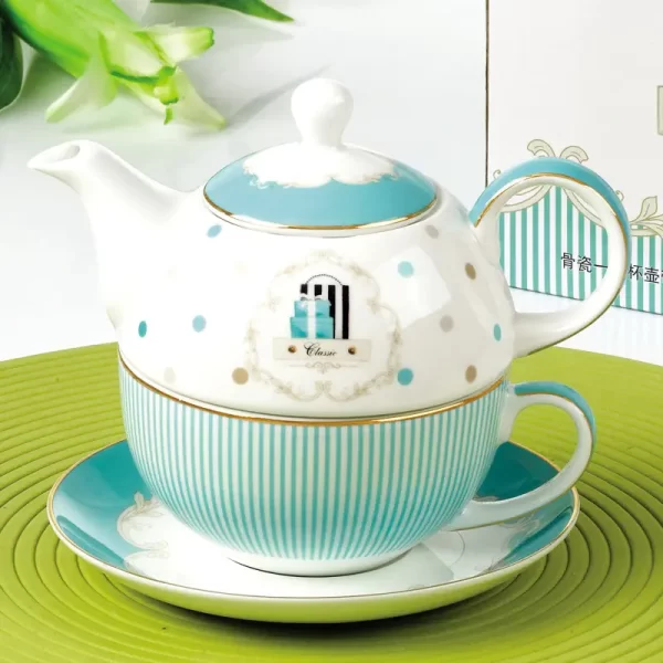 Custom Ceramic Tea for One Set Bone China Teapot with Decal Gold Rim - Image 3