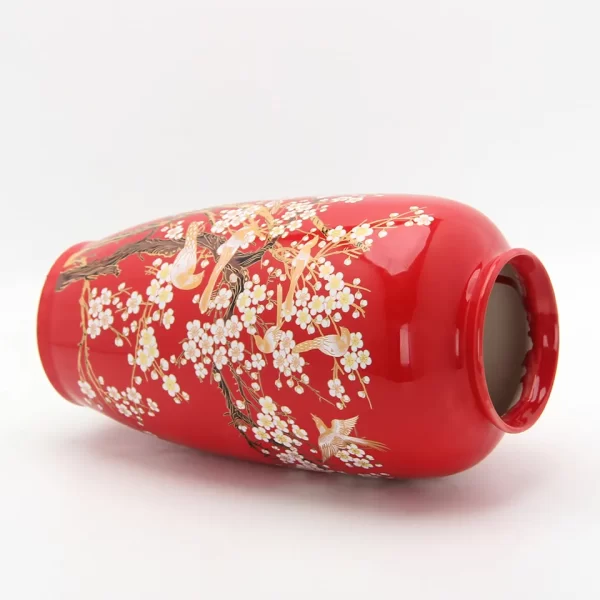 V118R Bird painting vase home decor porcelain red vase decoration 14.5 inch ceramic vases - Image 4