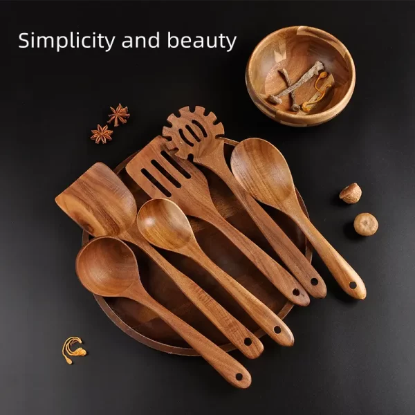 Wholesale teak wood 7pcs utensils cooking set wooden utensils set for kitchen - Image 4