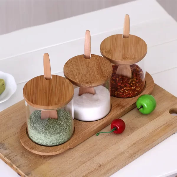 Kitchenware 300ML Glass Spice Jar Set With Bamboo Lid Spoon Spices Glass Container Set - Image 3