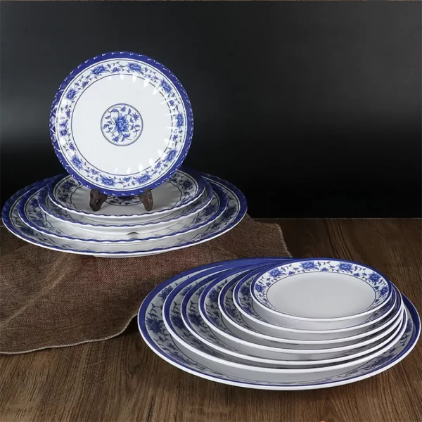 White/Blue Asian Chinese melamine dinnerware with Plate and Bowl - Image 5
