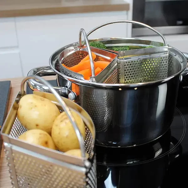 Set of 3 Stainless Steel Steamer Basket Saucepan Divider Baskets Storage Saving Kitchen Cookware - Image 3