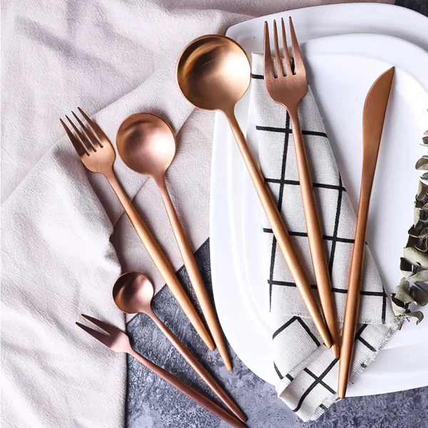 High Quality Thick Round Handle Rose Gold Matte Silverware Bulk Cutlery Set Stainless Steel Spoon Knife and Fork - Image 5