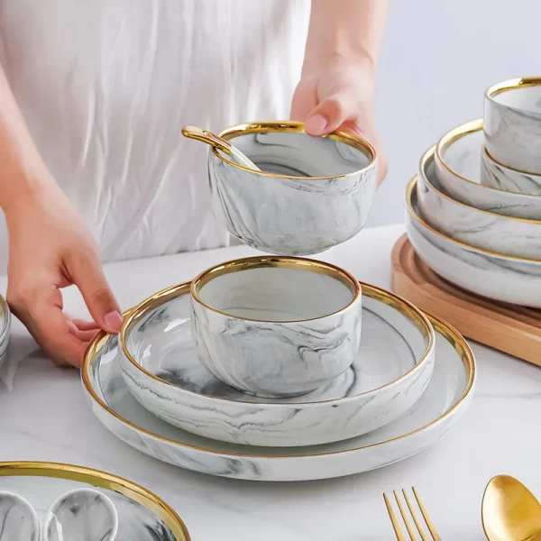 2 4 6 8 people set royal luxury wedding gift gold rim plated ceramic porcelain dinnerware plates set grey marble grey dinner set - Image 6