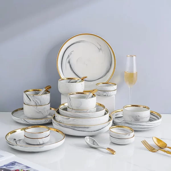 2 4 6 8 people set royal luxury wedding gift gold rim plated ceramic porcelain dinnerware plates set grey marble grey dinner set - Image 5