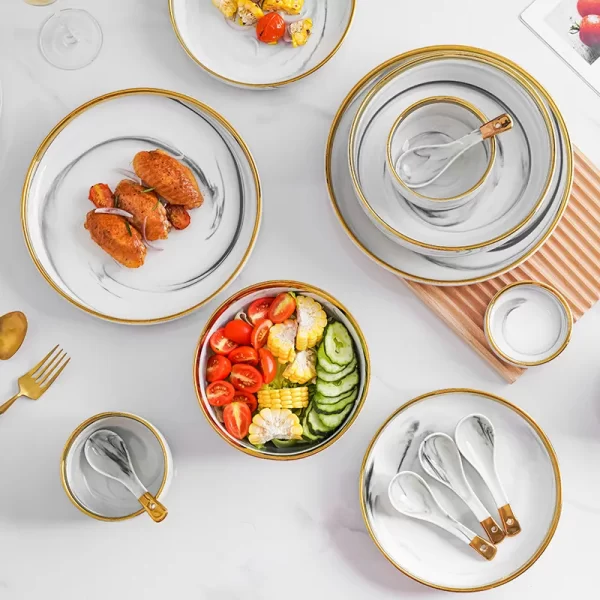 2 4 6 8 people set royal luxury wedding gift gold rim plated ceramic porcelain dinnerware plates set grey marble grey dinner set - Image 4