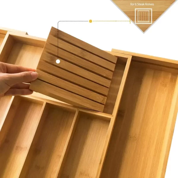 Bamboo Utensil Organizer Drawer Kitchen, Expandable Cutlery Tray with Divider | 13"-21.6" Flatware Storage and Removable Knife B - Image 6