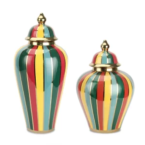 J020 ceramic storage jar colorful line decor ceramic can tabletop ginger jar decoration