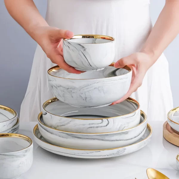 2 4 6 8 people set royal luxury wedding gift gold rim plated ceramic porcelain dinnerware plates set grey marble grey dinner set - Image 3