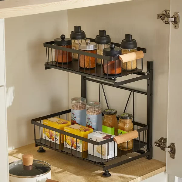 Kitchen Under Sink Organizer Rack with Sliding Storage Drawer Wooden Handle - Image 6