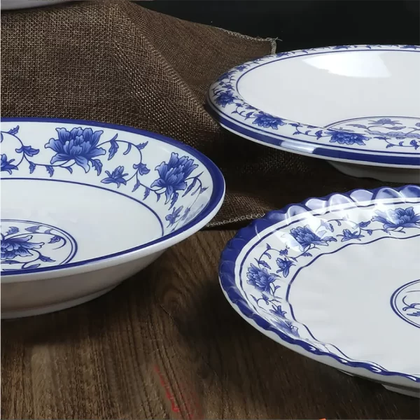 White/Blue Asian Chinese melamine dinnerware with Plate and Bowl - Image 4