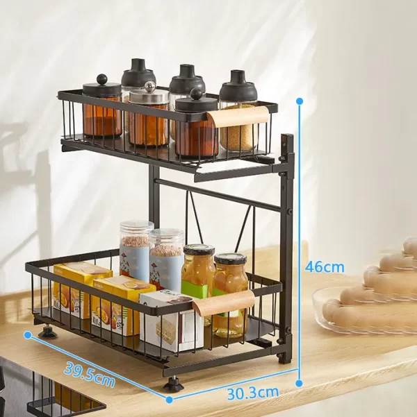Kitchen Under Sink Organizer Rack with Sliding Storage Drawer Wooden Handle - Image 5