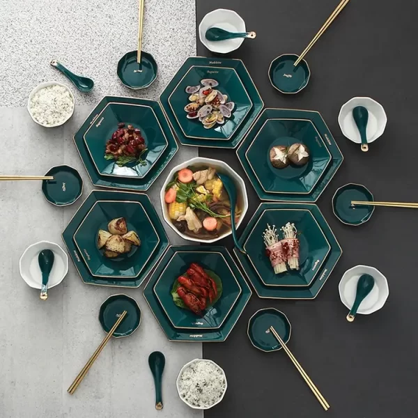 Custom green glaze hexagonal dinner plate set ceramic handmade ceramic tableware porcelain dinnerware sets - Image 4