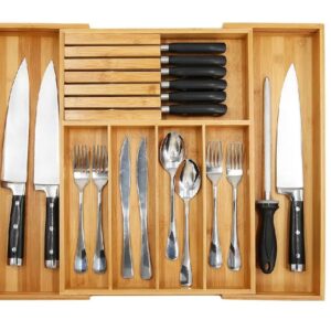Bamboo Utensil Organizer Drawer Kitchen, Expandable Cutlery Tray with Divider | 13"-21.6" Flatware Storage and Removable Knife B