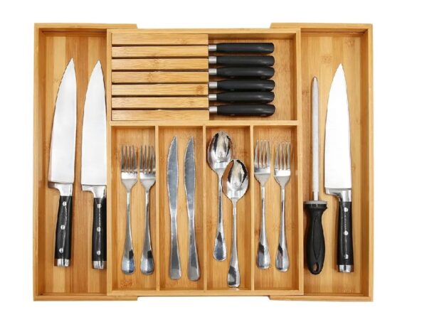 Bamboo Utensil Organizer Drawer Kitchen, Expandable Cutlery Tray with Divider | 13"-21.6" Flatware Storage and Removable Knife B
