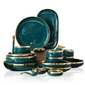 Luxury Dinnerware Set Set Tableware Ceramic Dishes Plates Dinner Set Green with Gold Kitchen Plates and Bowl