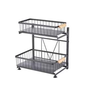 Kitchen Under Sink Organizer Rack with Sliding Storage Drawer Wooden Handle