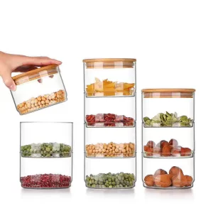 Kitchen Borosilicate Glass Stackable Glass storage Jar 475ml Sealed Glass Jar With Bamboo Lid