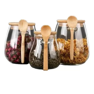 Wholesale Kitchen Glass Jar Glass Spice Jar Bamboo Lid Food Storage Container With Spoon
