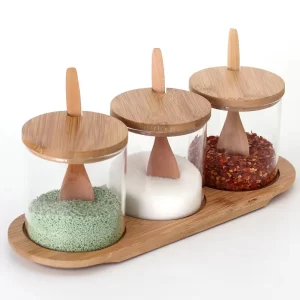 Kitchenware 300ML Glass Spice Jar Set With Bamboo Lid Spoon Spices Glass Container Set