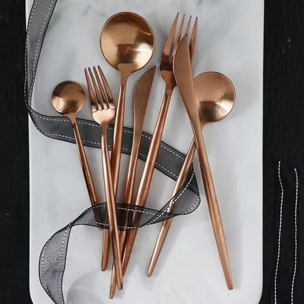 High Quality Thick Round Handle Rose Gold Matte Silverware Bulk Cutlery Set Stainless Steel Spoon Knife and Fork - Image 4