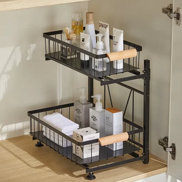 Kitchen Under Sink Organizer Rack with Sliding Storage Drawer Wooden Handle - Image 3