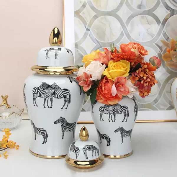 J017 Elegant ceramic zebra ginger jar sets porcelain white and gold jar with lid home decor - Image 3