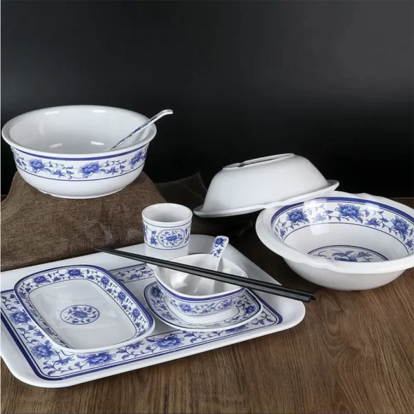 White/Blue Asian Chinese melamine dinnerware with Plate and Bowl - Image 3