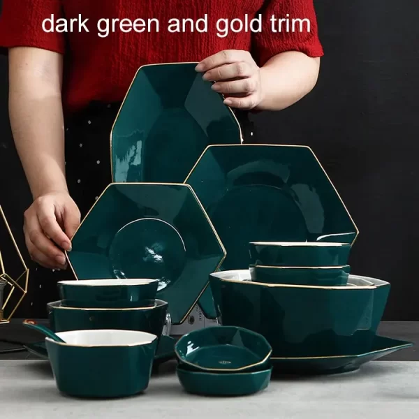 Custom green glaze hexagonal dinner plate set ceramic handmade ceramic tableware porcelain dinnerware sets - Image 3