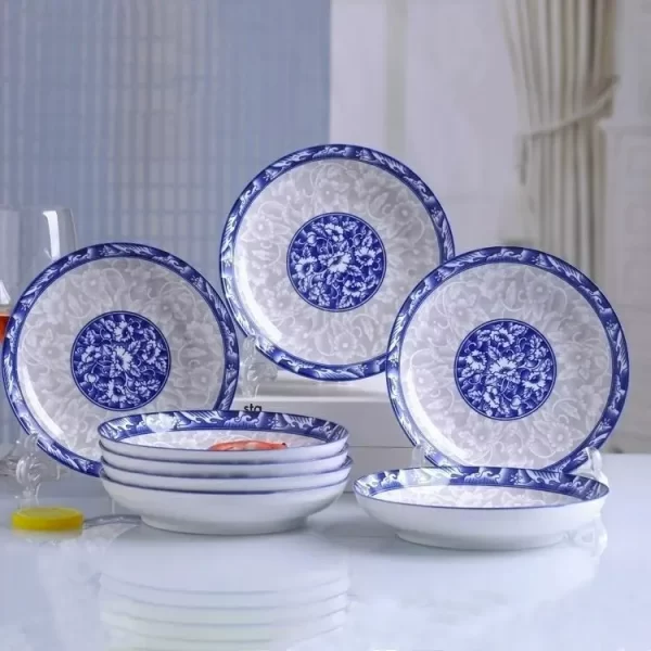 White/Blue Asian Chinese melamine dinnerware with Plate and Bowl - Image 2