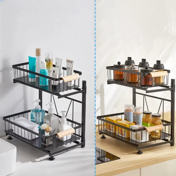 Kitchen Under Sink Organizer Rack with Sliding Storage Drawer Wooden Handle - Image 2