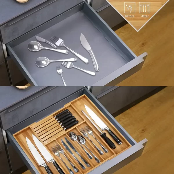 Bamboo Utensil Organizer Drawer Kitchen, Expandable Cutlery Tray with Divider | 13"-21.6" Flatware Storage and Removable Knife B - Image 5