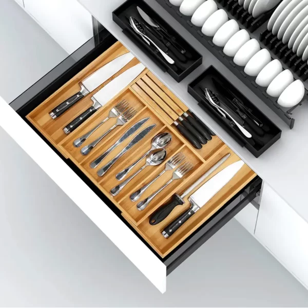 Bamboo Utensil Organizer Drawer Kitchen, Expandable Cutlery Tray with Divider | 13"-21.6" Flatware Storage and Removable Knife B - Image 4