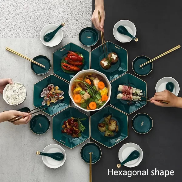 Custom green glaze hexagonal dinner plate set ceramic handmade ceramic tableware porcelain dinnerware sets - Image 2