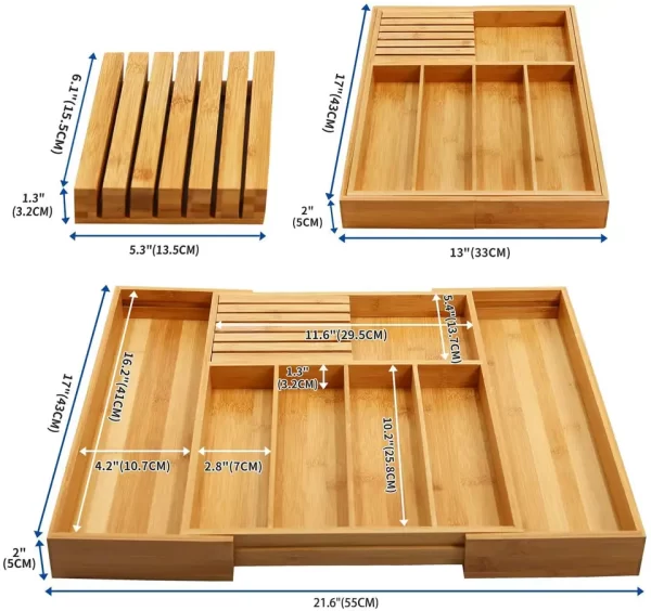 Bamboo Utensil Organizer Drawer Kitchen, Expandable Cutlery Tray with Divider | 13"-21.6" Flatware Storage and Removable Knife B - Image 2