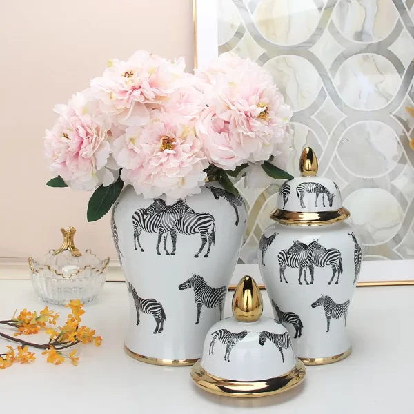J017 Elegant ceramic zebra ginger jar sets porcelain white and gold jar with lid home decor - Image 2