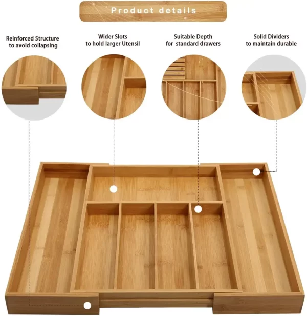 Bamboo Utensil Organizer Drawer Kitchen, Expandable Cutlery Tray with Divider | 13"-21.6" Flatware Storage and Removable Knife B - Image 3