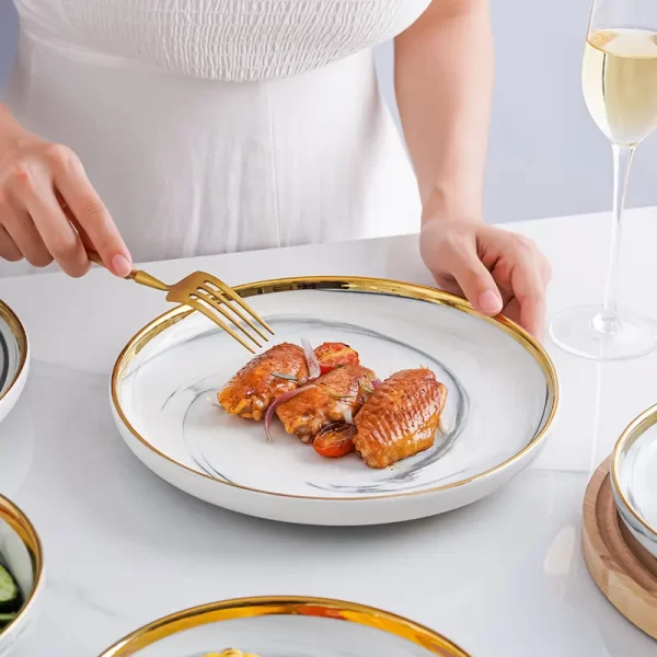 2 4 6 8 people set royal luxury wedding gift gold rim plated ceramic porcelain dinnerware plates set grey marble grey dinner set - Image 2