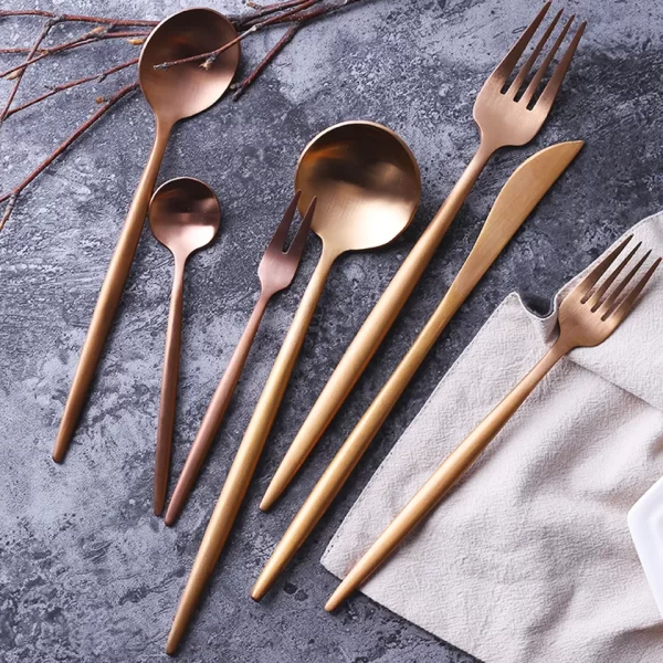 High Quality Thick Round Handle Rose Gold Matte Silverware Bulk Cutlery Set Stainless Steel Spoon Knife and Fork - Image 2