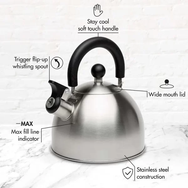 Black Handle Stainless Steel Whistling Kettle 1.5-Quart Hot Water Fast to Boil Tea Kettle - Image 2