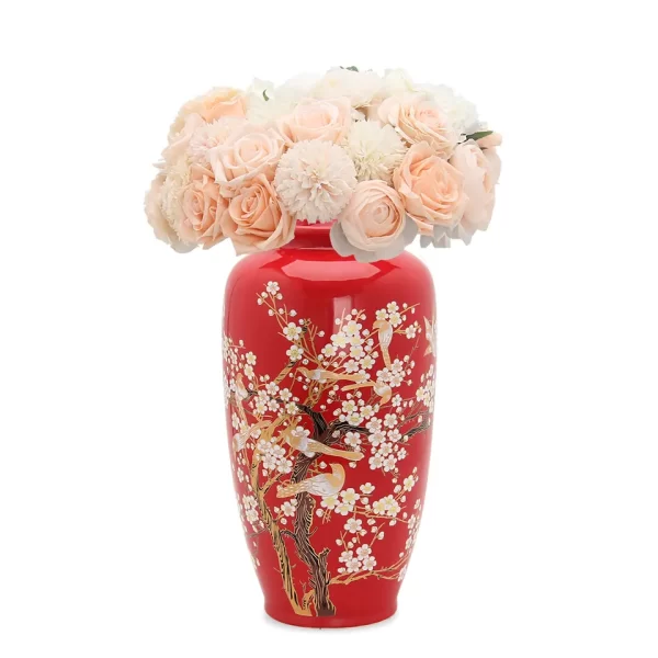 V118R Bird painting vase home decor porcelain red vase decoration 14.5 inch ceramic vases - Image 2