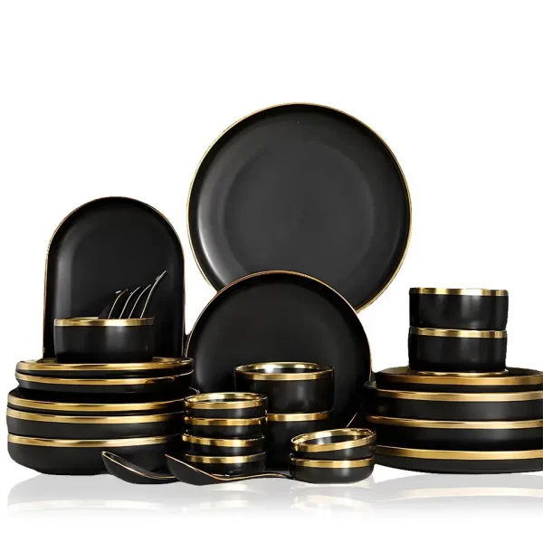 Luxury Dinnerware Set Set Tableware Ceramic Dishes Plates Dinner Set Green with Gold Kitchen Plates and Bowl - Image 2